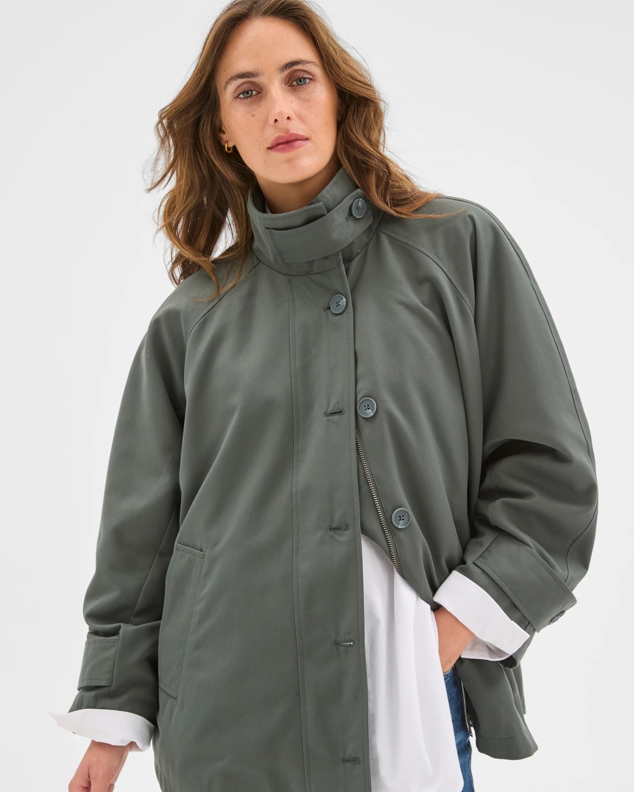 Longline Funnel Neck Coat - Coal Green 4 of 5