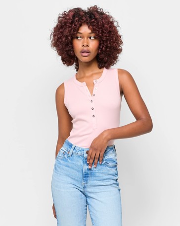 Petites Australian Cotton Rib Racer Sleeveless Henley Tank Top