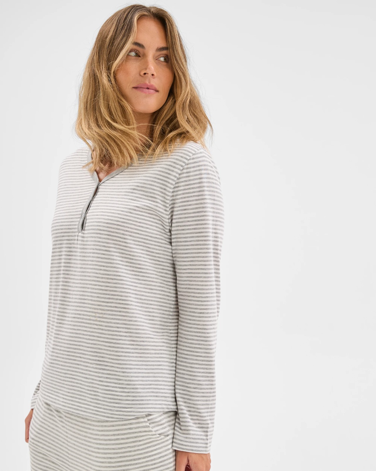 Australian Cotton Blend Long Sleeve Henley Stripe Sleep T-Shirt 3 of 5