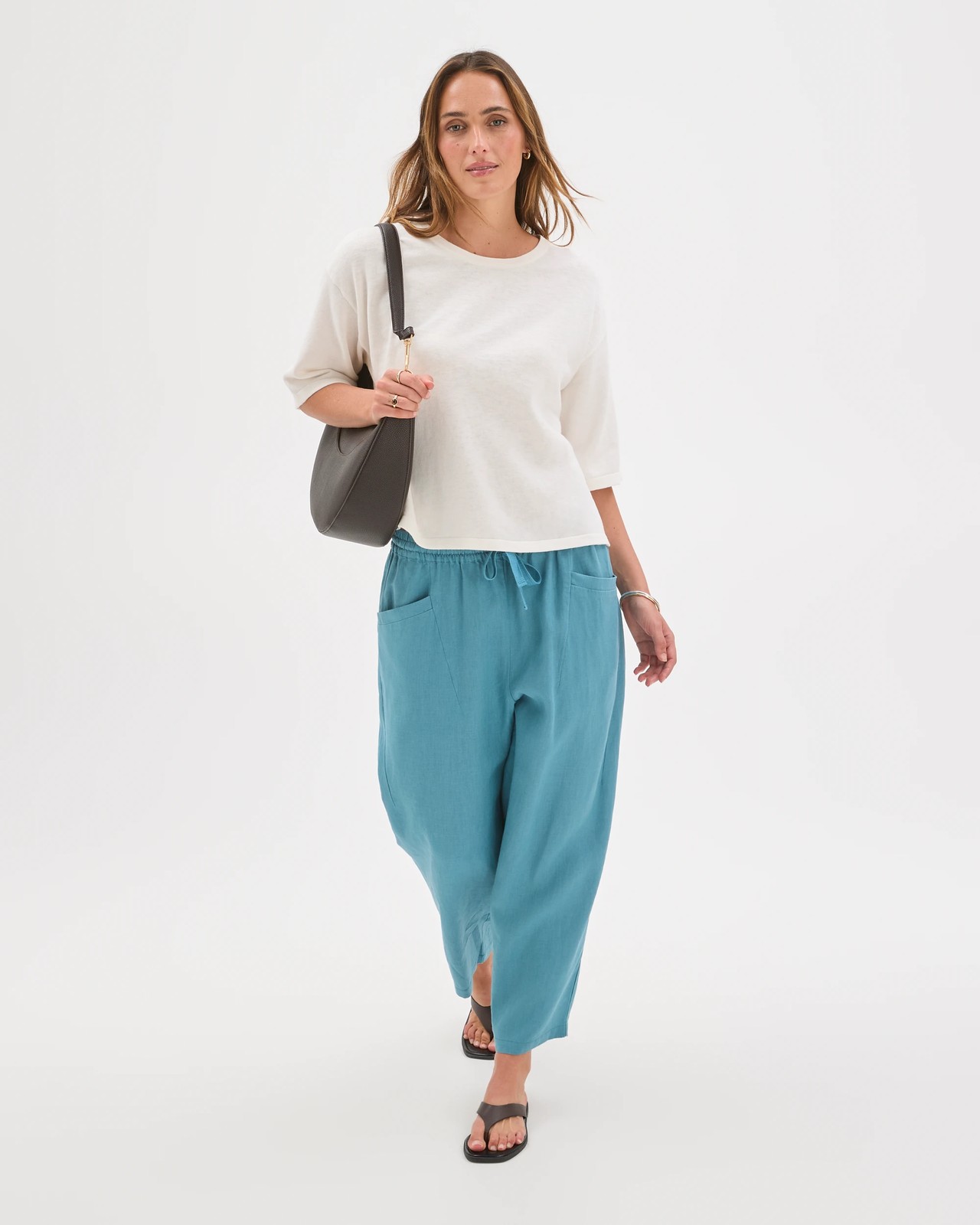 Australian Cotton Blend Drop Shoulder Boxy Knit T-Shirt - Cloud Dancer 2 of 5