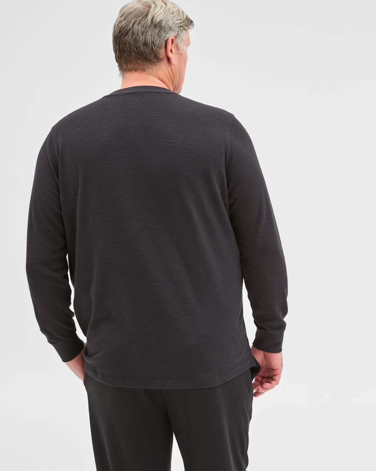 Plus Size Australian Cotton Long Sleeve Waffle Henley T-Shirt - Black Marle 5 of 5