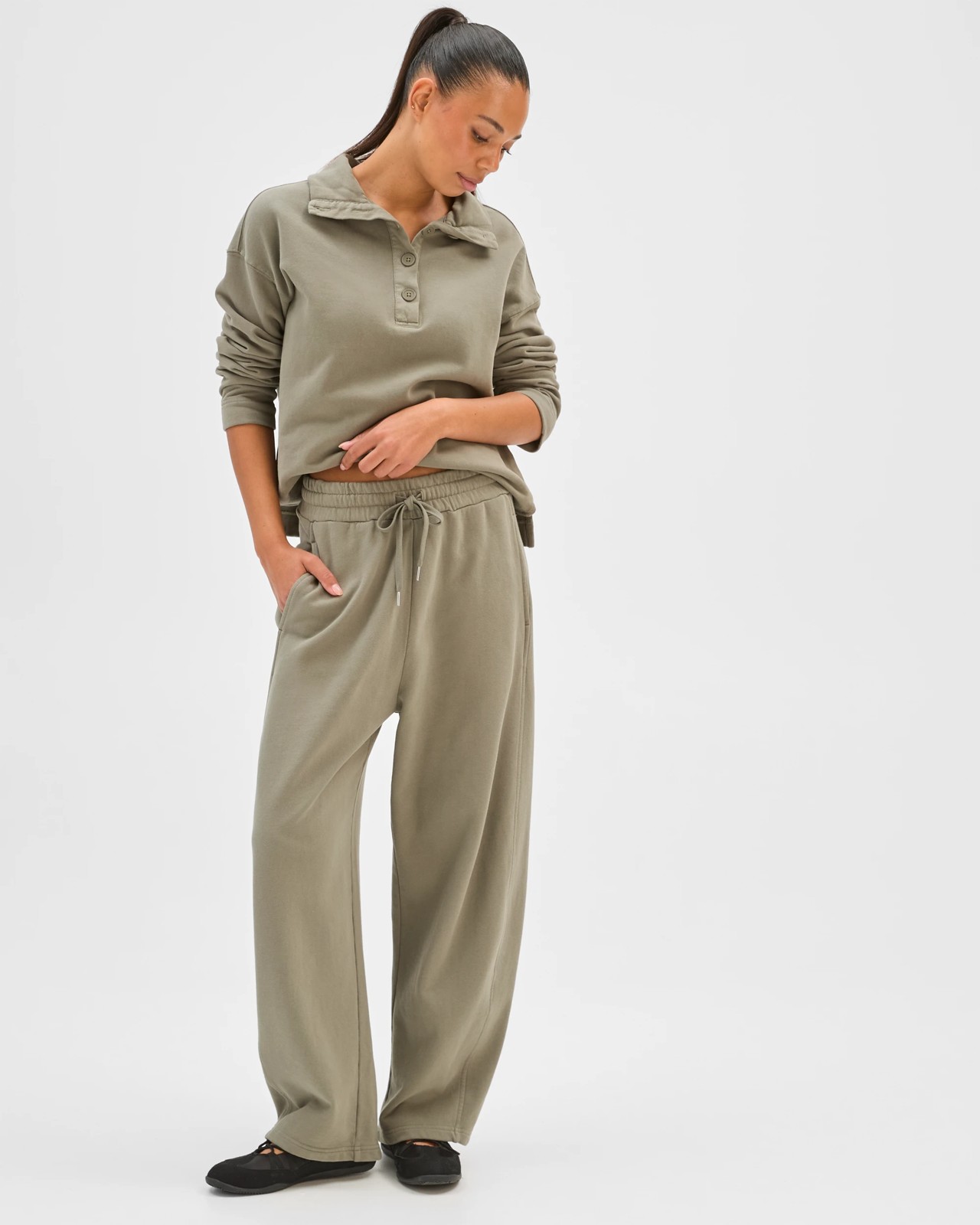 Australian Cotton Funnel Neck Button Front Jumper - Washed Olive 2 of 5