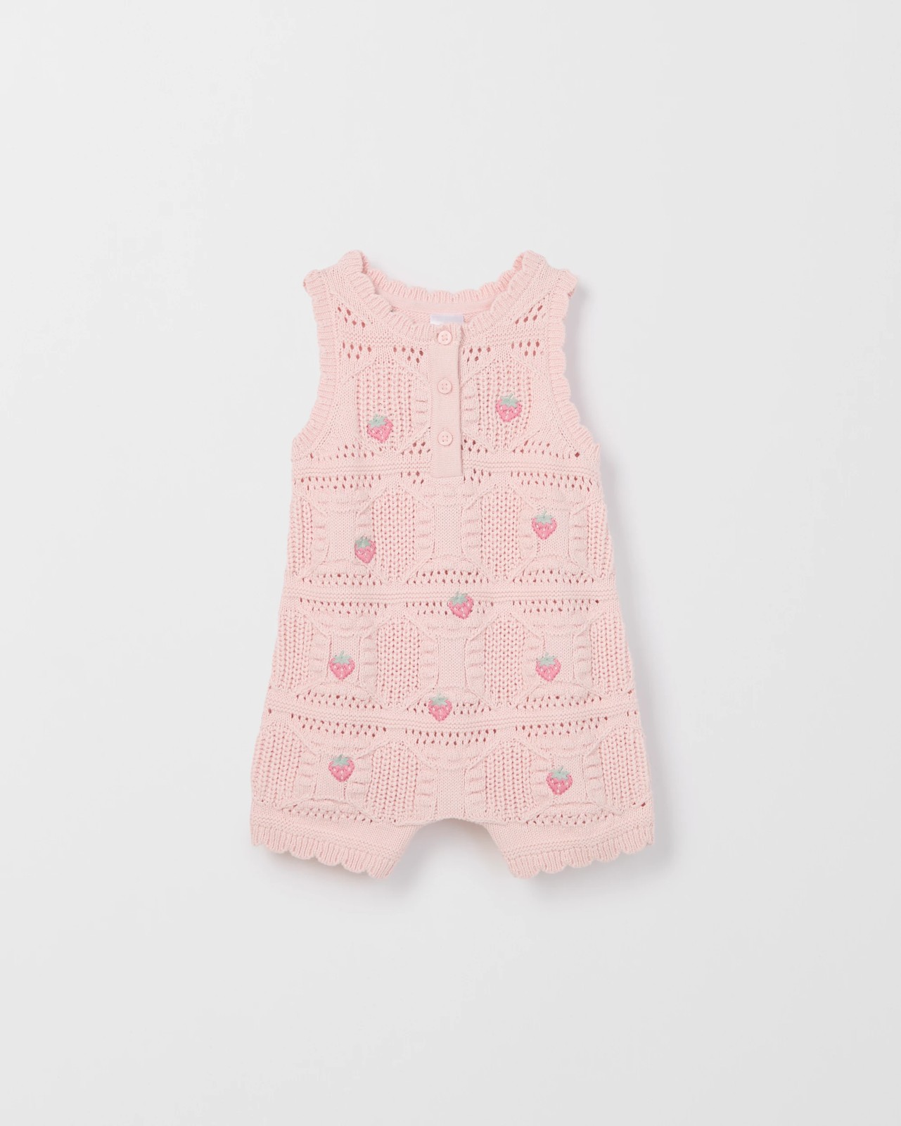 Baby Organic Cotton Crochet Knit Romper - Strawberry Pink 5 of 6