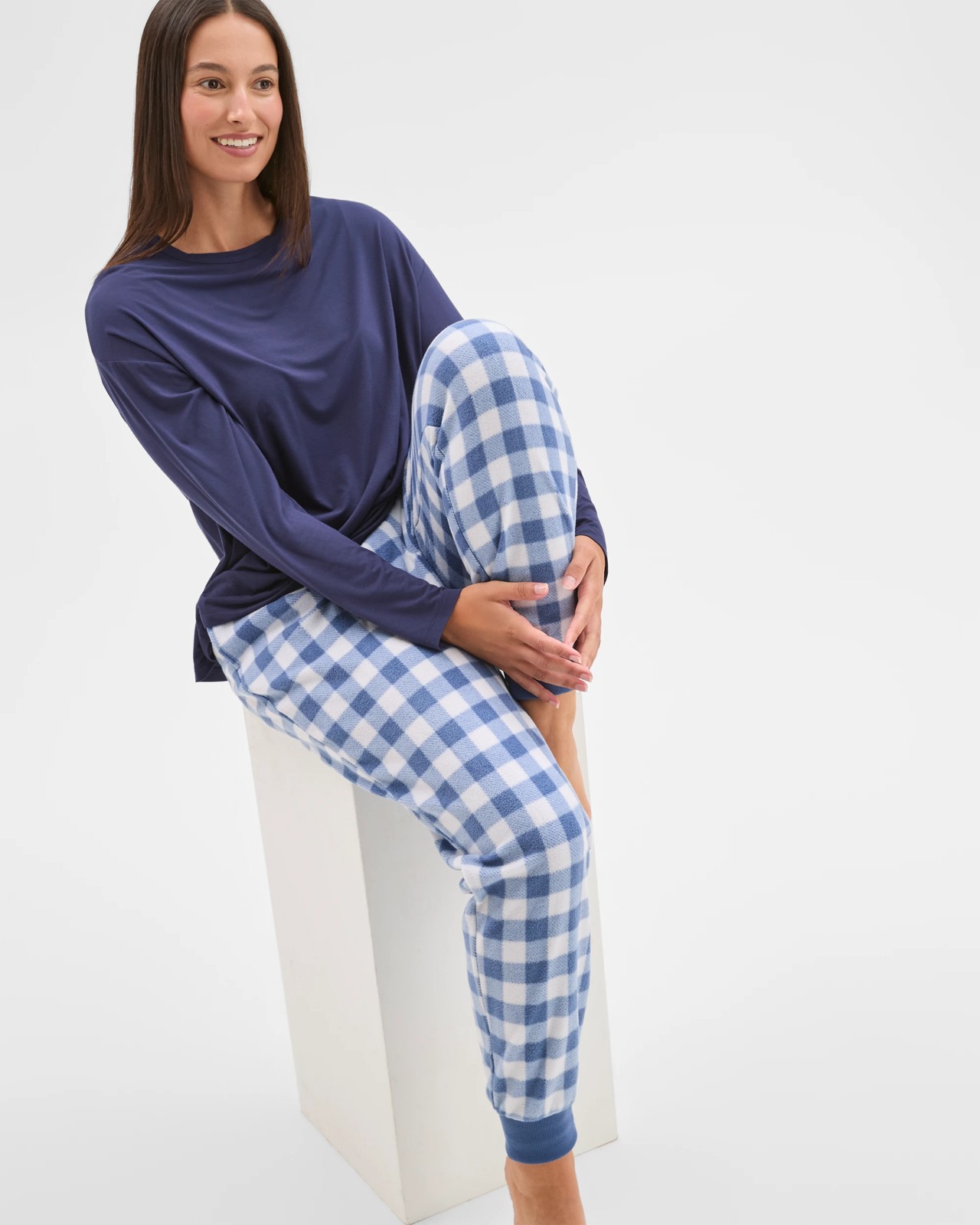 Fleece Sleep Pyjama Jogger Pants - Gingham Blue 2 of 5