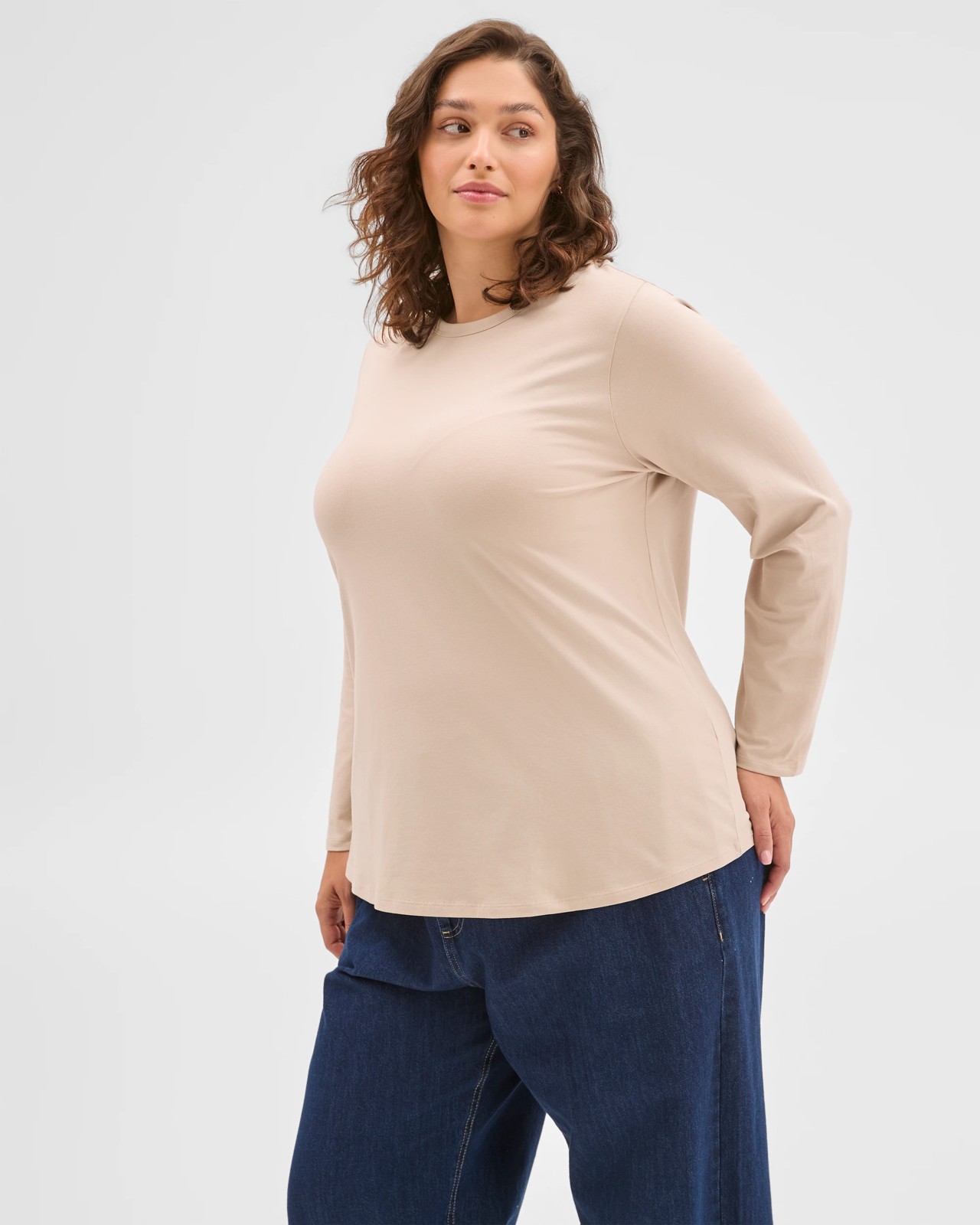 Plus Size Australian Cotton Long Sleeve Crew T-Shirt - Birch 3 of 6