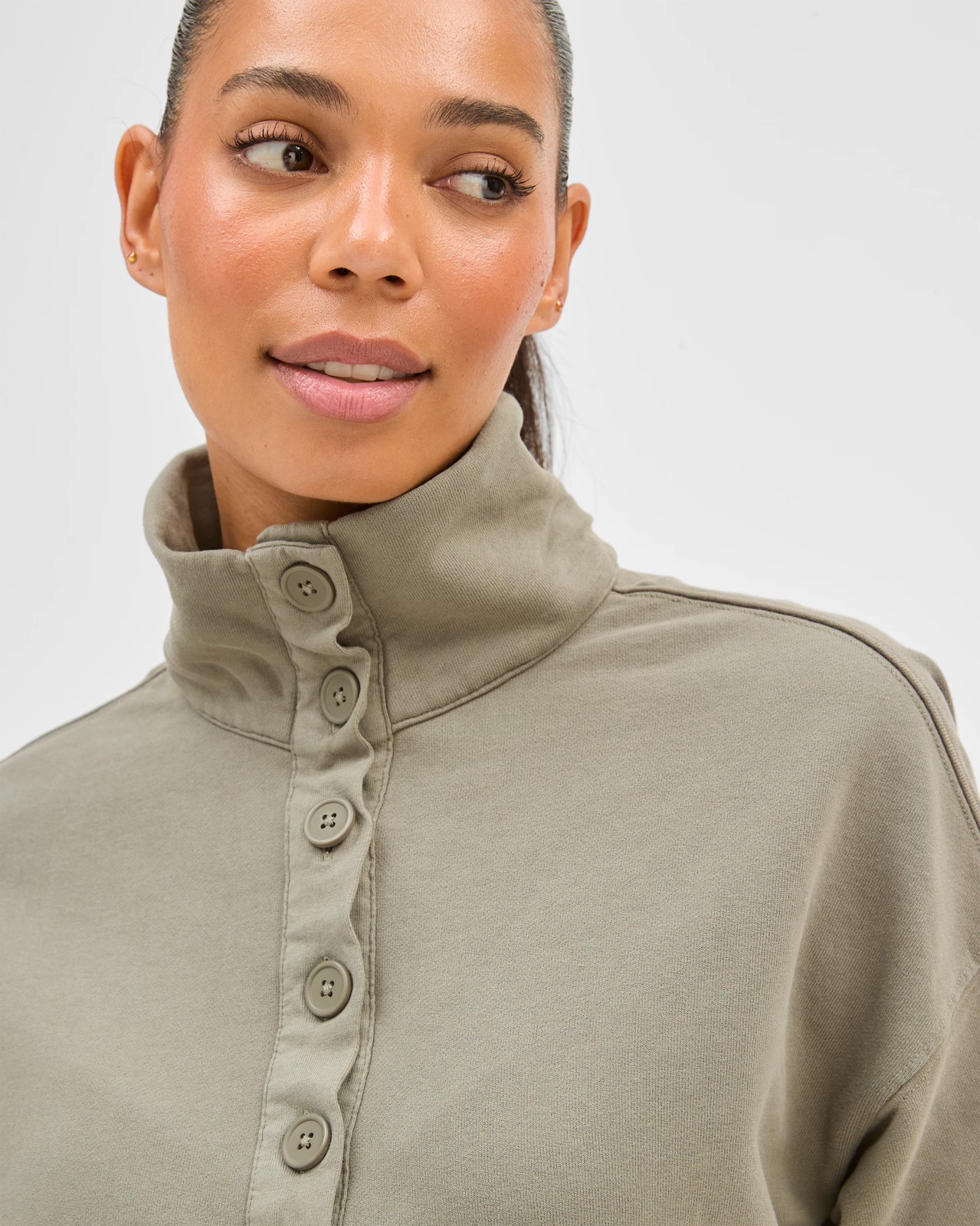 Australian Cotton Funnel Neck Button Front Jumper - Washed Olive 5 of 5