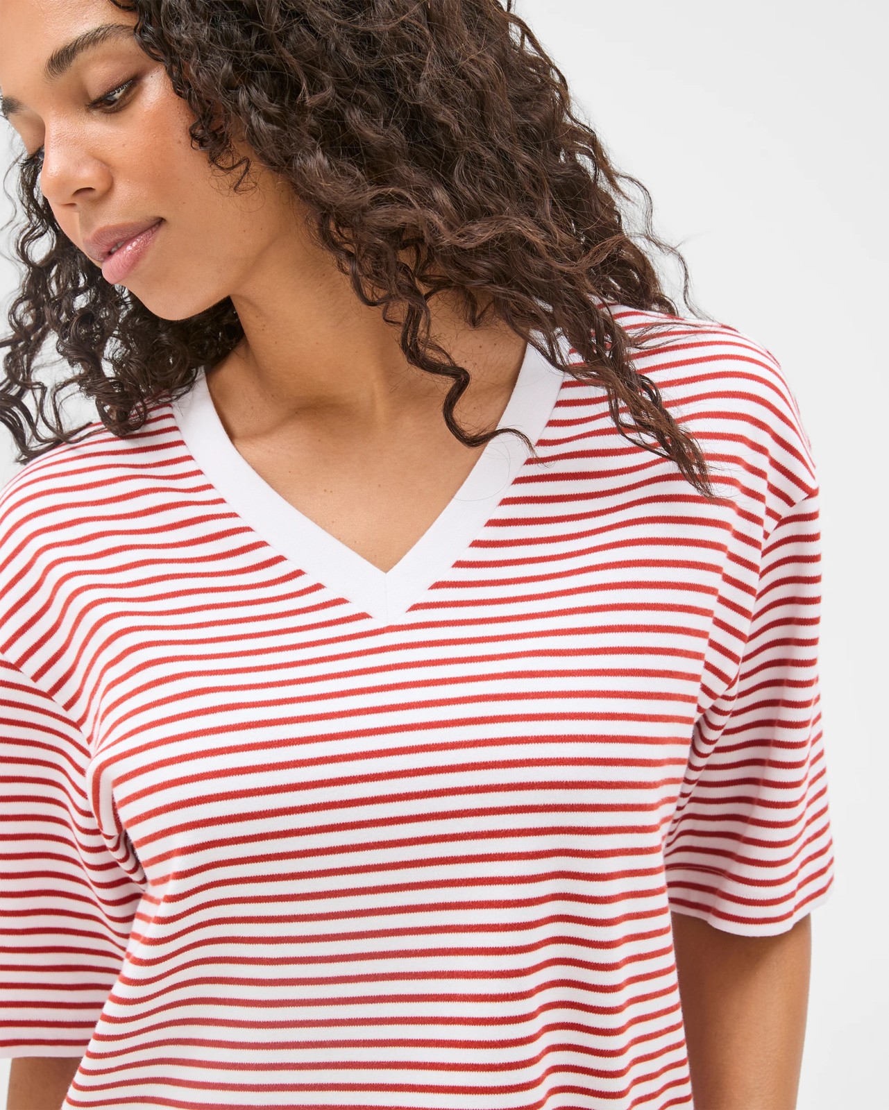 Australian Cotton Heavyweight V-Neck Boxy T-Shirt - Red Stripe 5 of 6