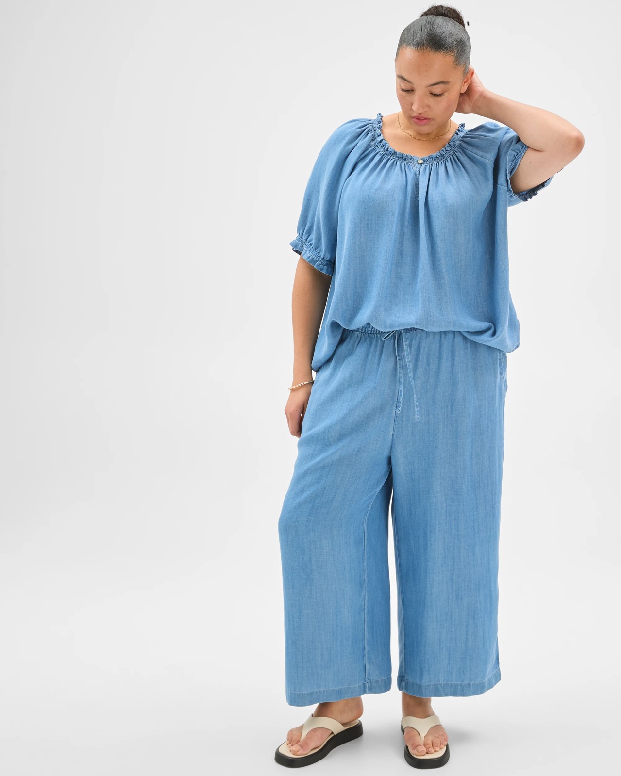 Plus Size Lyocell Crop Chambray Wide Leg Pants 2 of 5
