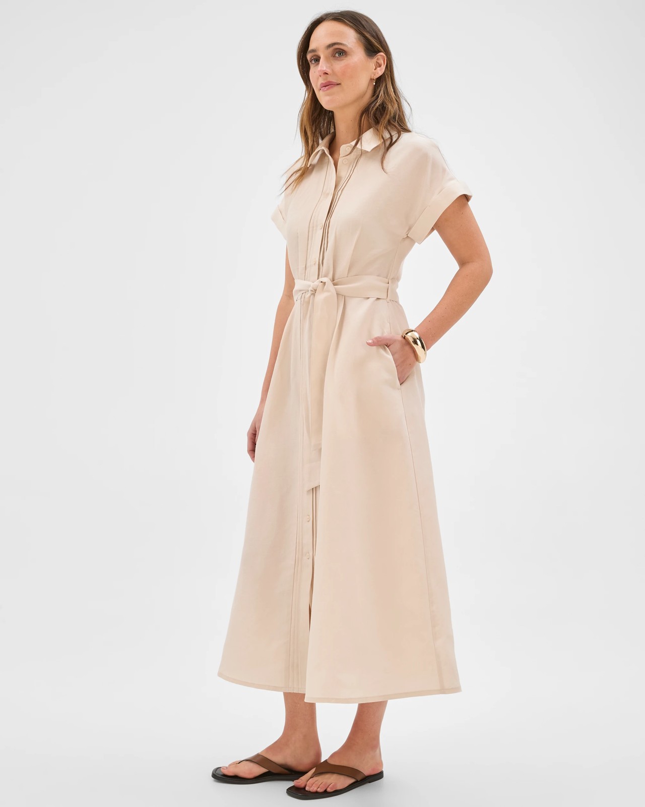 Preview Short Sleeve Pintuck Midi Shirt Dress - Pumice X Dye 2 of 5