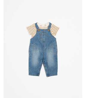Baby Boys Denim Dungaree and Organic Cotton T-shirt 2 Piece Set