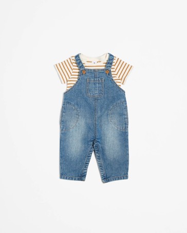 Baby Boys Denim Dungaree and Organic Cotton T-shirt 2 Piece Set