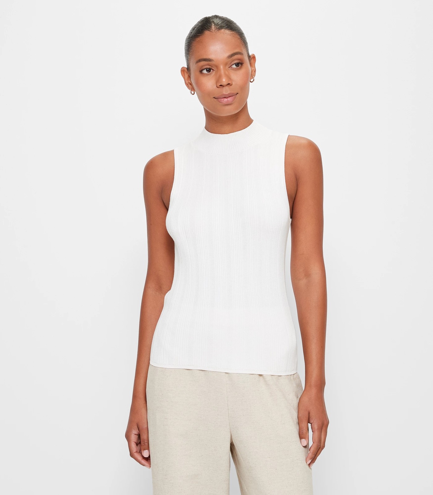 Sleeveless Mock Neck Variegated Knit Top - Preview - Cloud Dancer