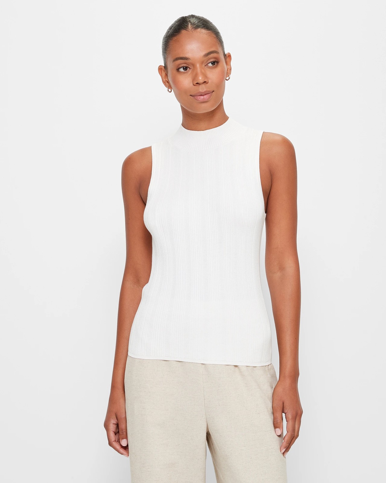 Sleeveless Mock Neck Variegated Knit Top - Preview - Cloud Dancer