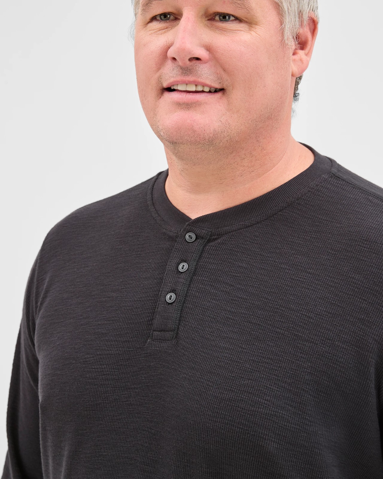 Plus Size Australian Cotton Long Sleeve Waffle Henley T-Shirt - Black Marle 4 of 5