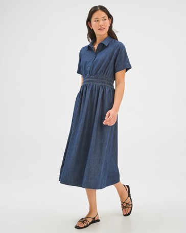 Cotton Shirred Midi Chambray Dress