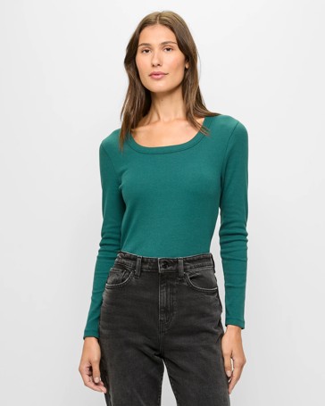 Australian Cotton Long Sleeve Scoop Neck Ribbed T-Shirt