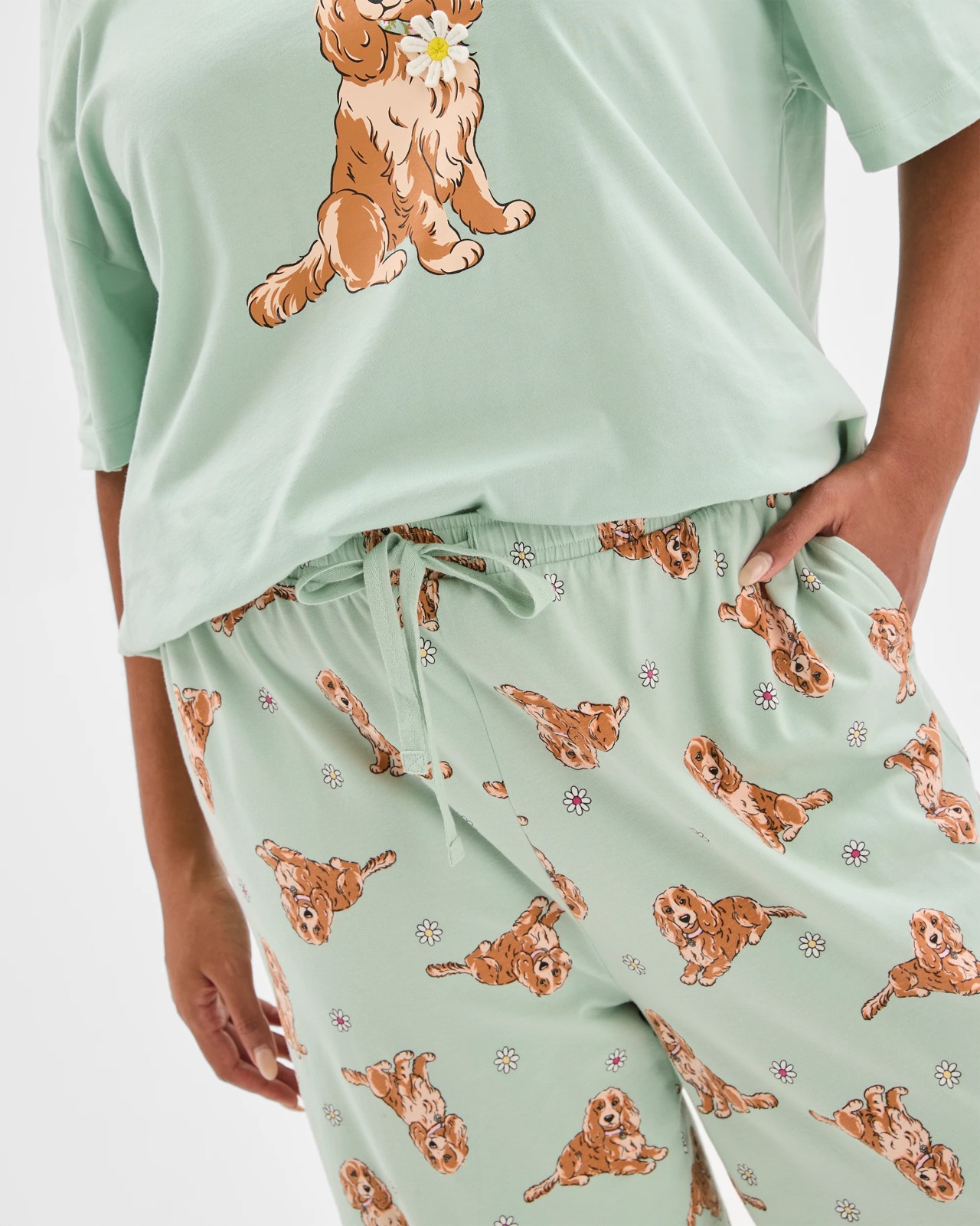 Plus Size Australian Cotton 7/8 Length Jersey Pyjama Set - Dog Green 5 of 6