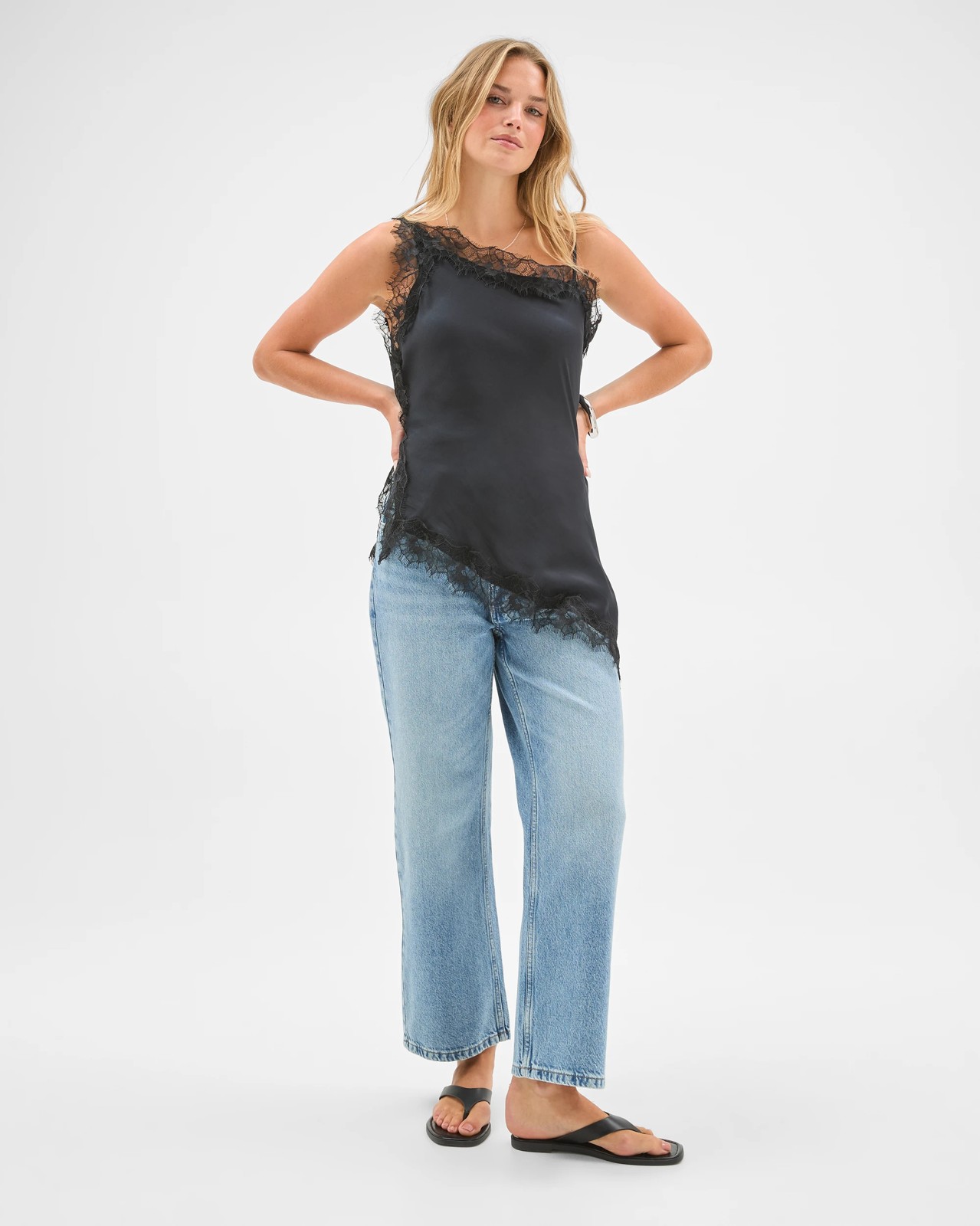 Lily Loves Lace Trim Asymmetrical Satin Cami - Rich Navy 3 of 5