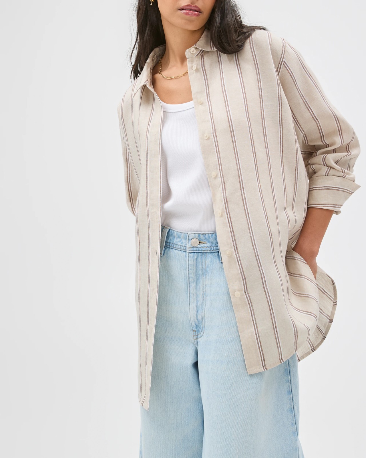 European Linen Long Sleeve Shirt - Warm Brown Stripe 5 of 6