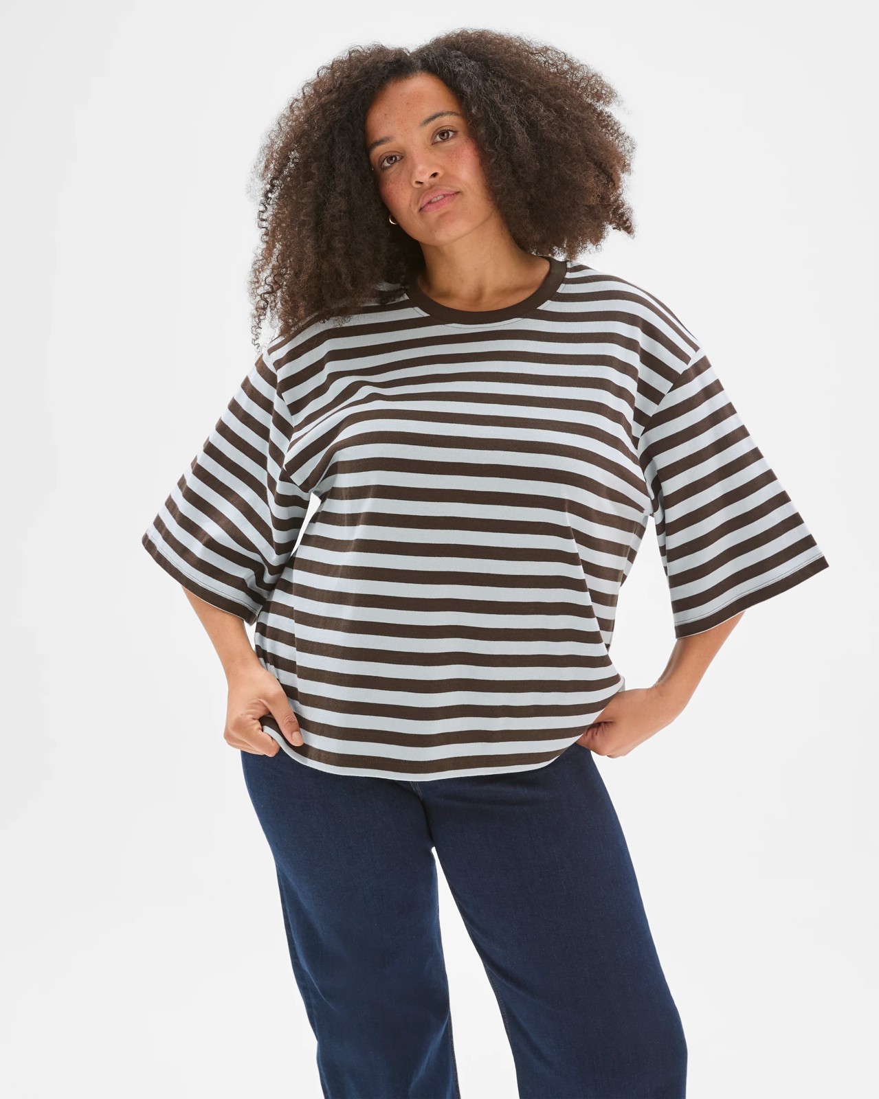 Plus Size Australian Cotton Wide Sleeve Boxy T-Shirt - Coffee/Blue 3 of 5