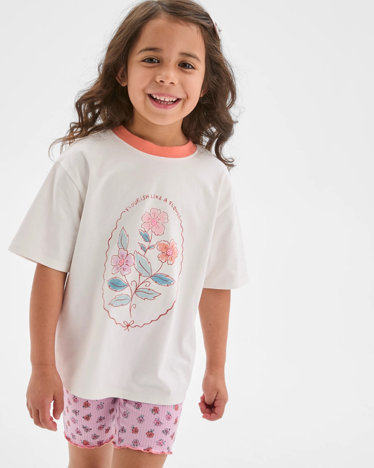Australian Cotton Blend T-Shirt and Bike Shorts Set - White Floral 2 of 5