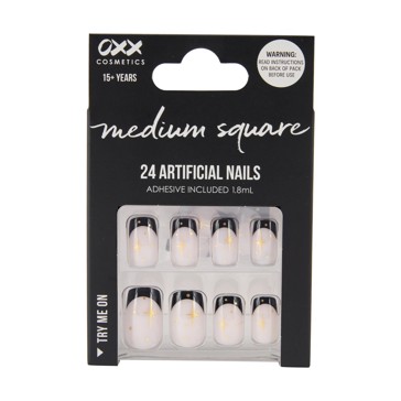 24 Pack Artificial Nails with Adhesive, Medium Square Shape, Black French Tip with Stars - OXX Cosmetics