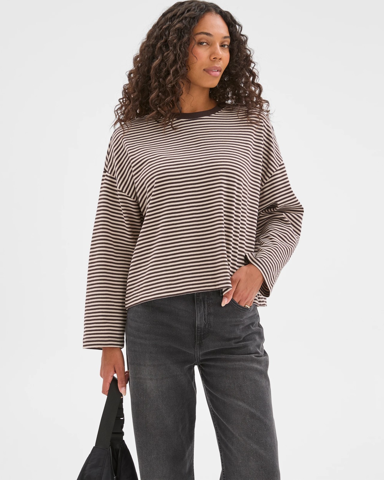 Australian Cotton Long Sleeve Heavyweight Oversized T-Shirt - Brunette/Birch Stripe 4 of 5