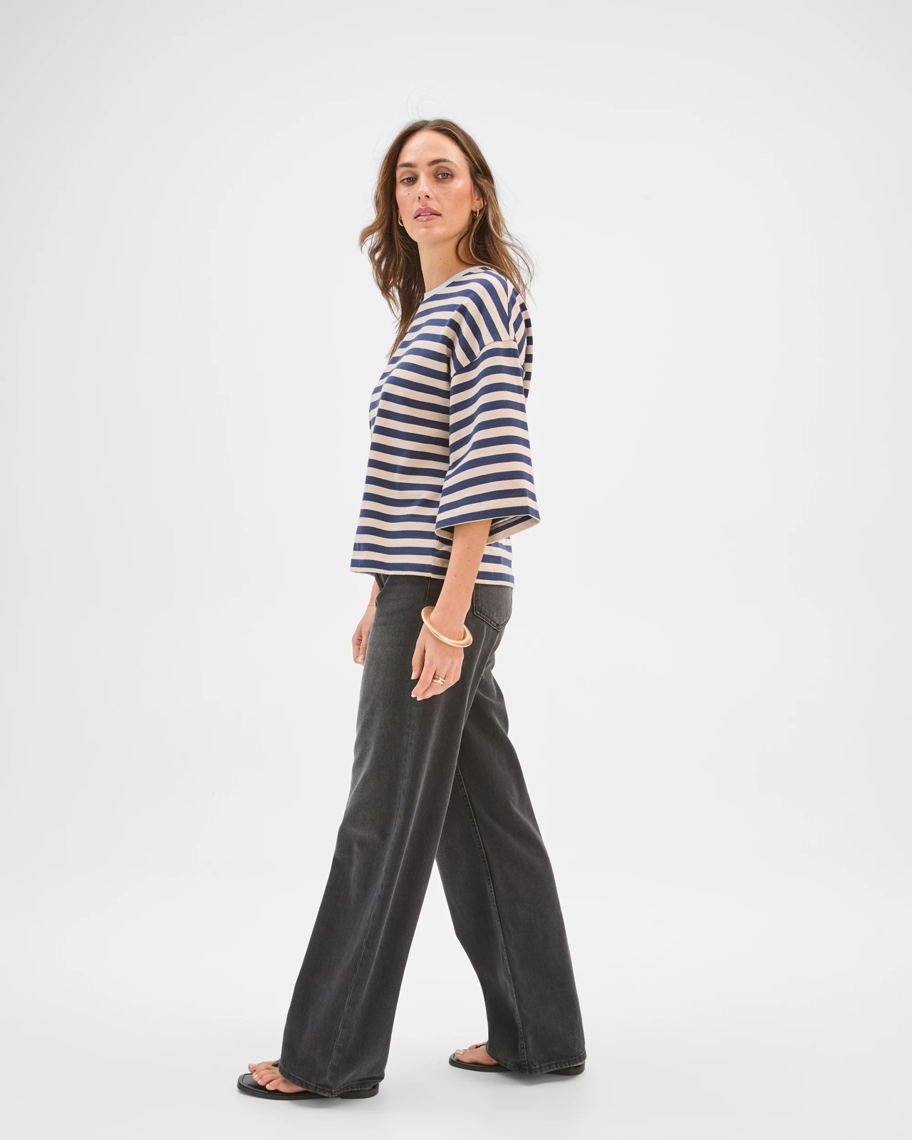 Australian Cotton 3/4 Length Wide Sleeve Boxy T-Shirt - Navy / Birch 4 of 5