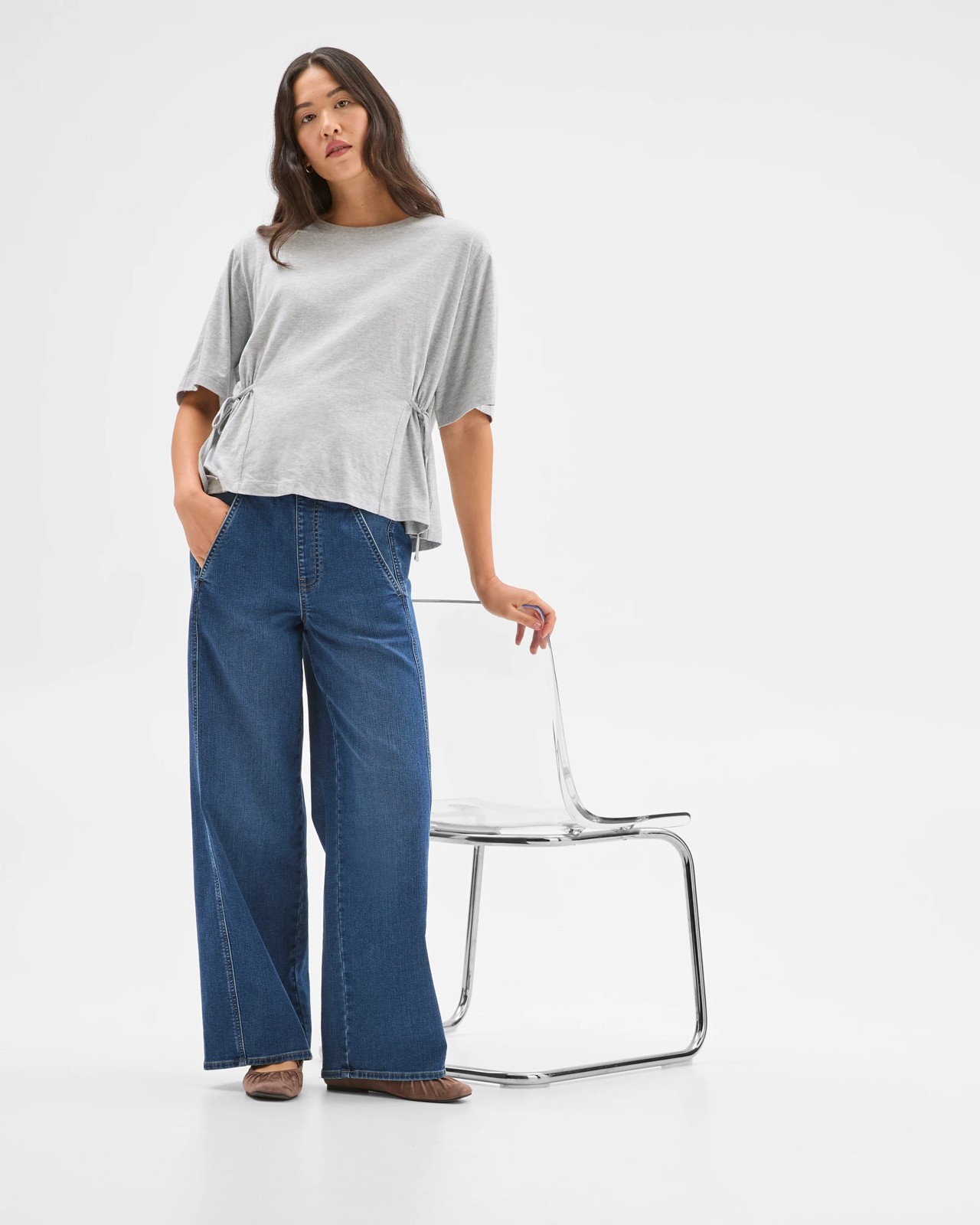 Pull On Wide Leg Knit Denim Jeans 6 of 6