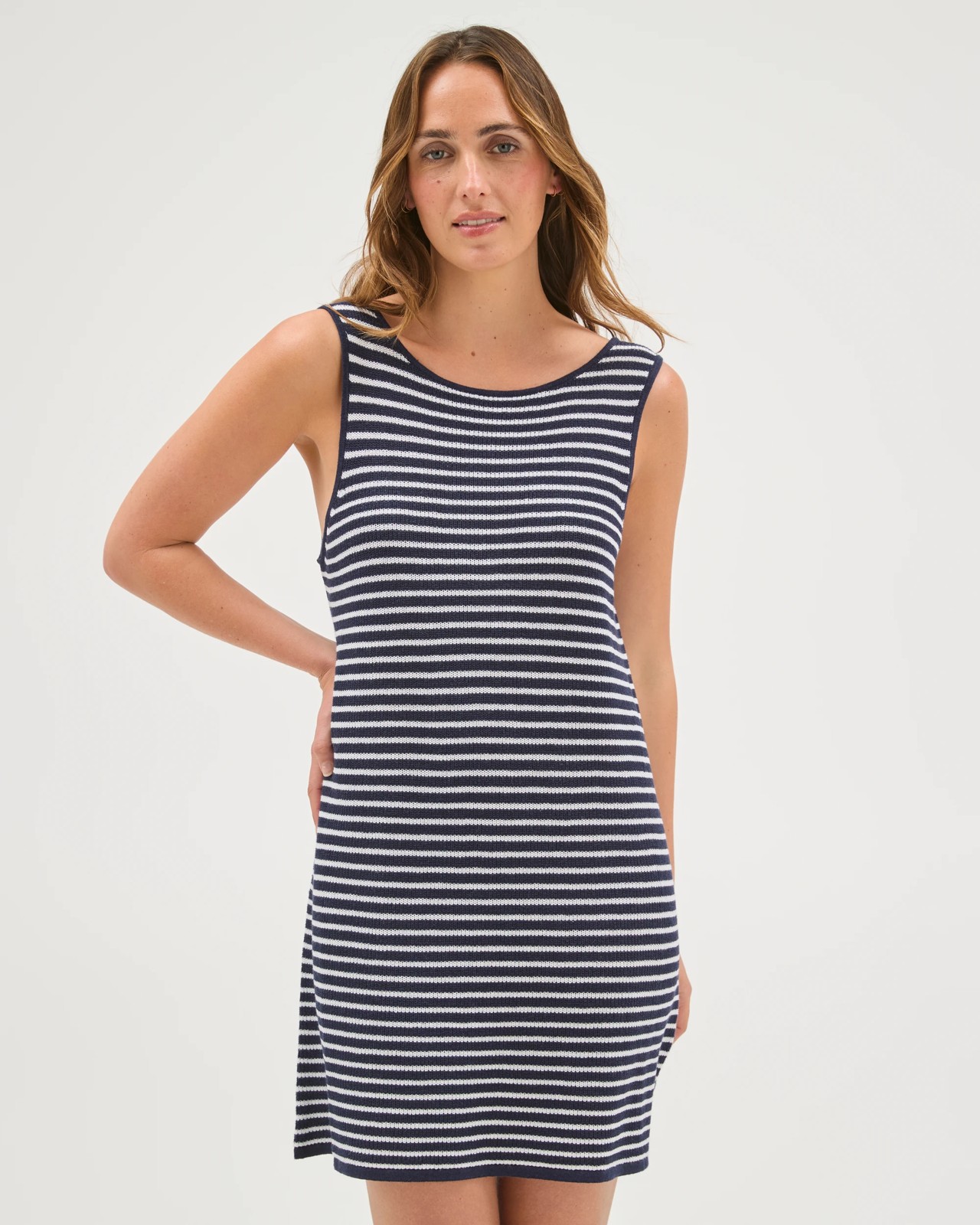 Australian Cotton Blend Resort Sleeveless Knit Mini Dress - Navy Stripe 2 of 5