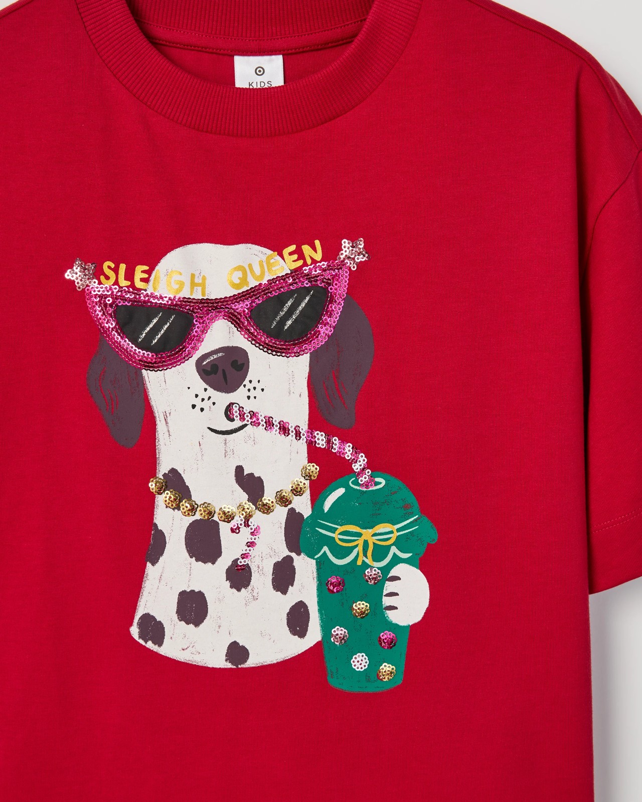 Australian Cotton Heavyweight Boxy Christmas T-Shirt - Xmas Dalmatian Red 2 of 2
