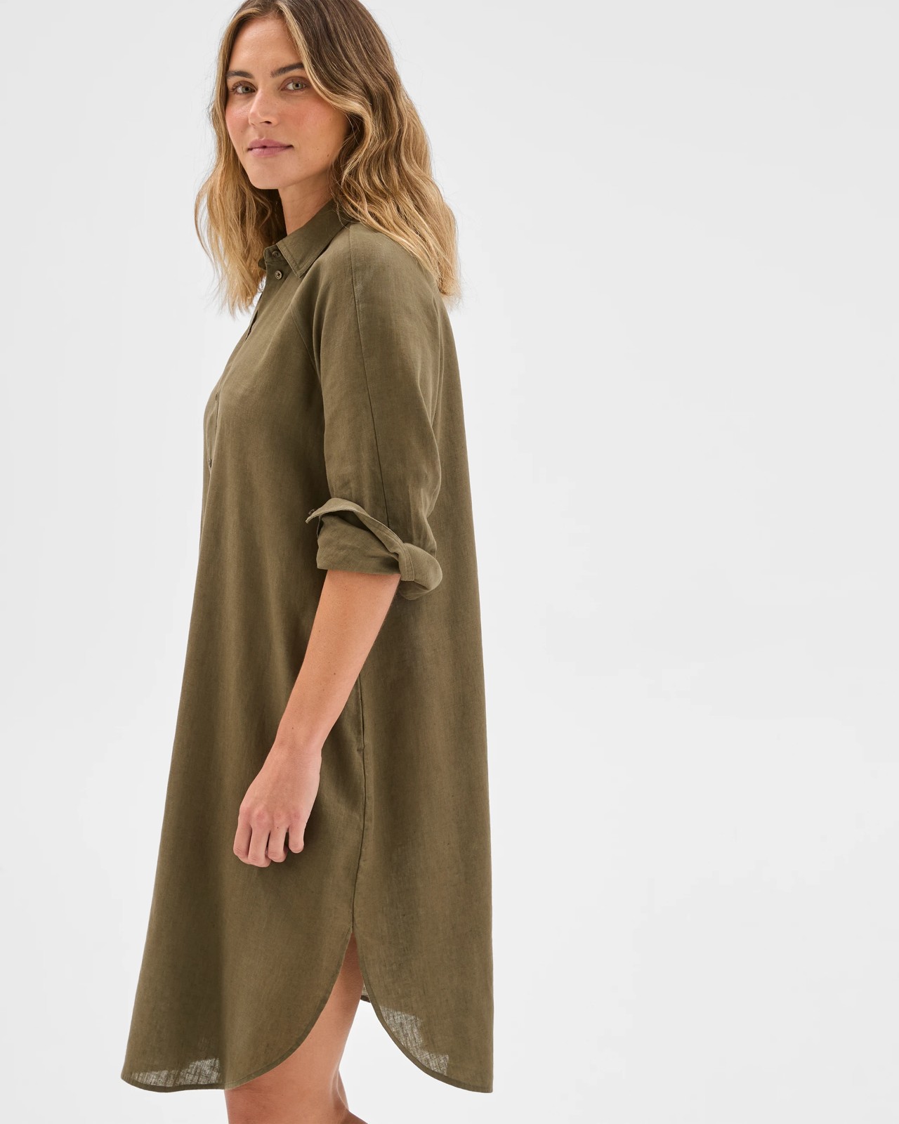 European Linen 3/4 Sleeve Midi Shirt Dress - Dusty Moss 3 of 6
