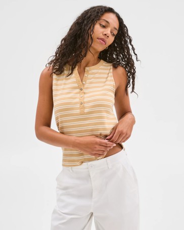 Australian Cotton Ribbed Sleeveless Henley Tank Top