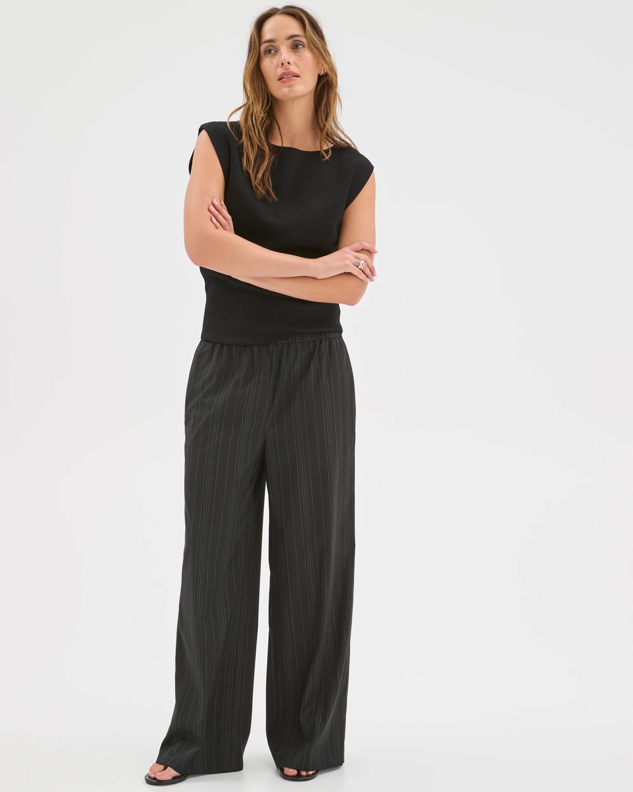 Preview Elastic Waist Tailored Pants - Black Broken Stripe 2 of 5