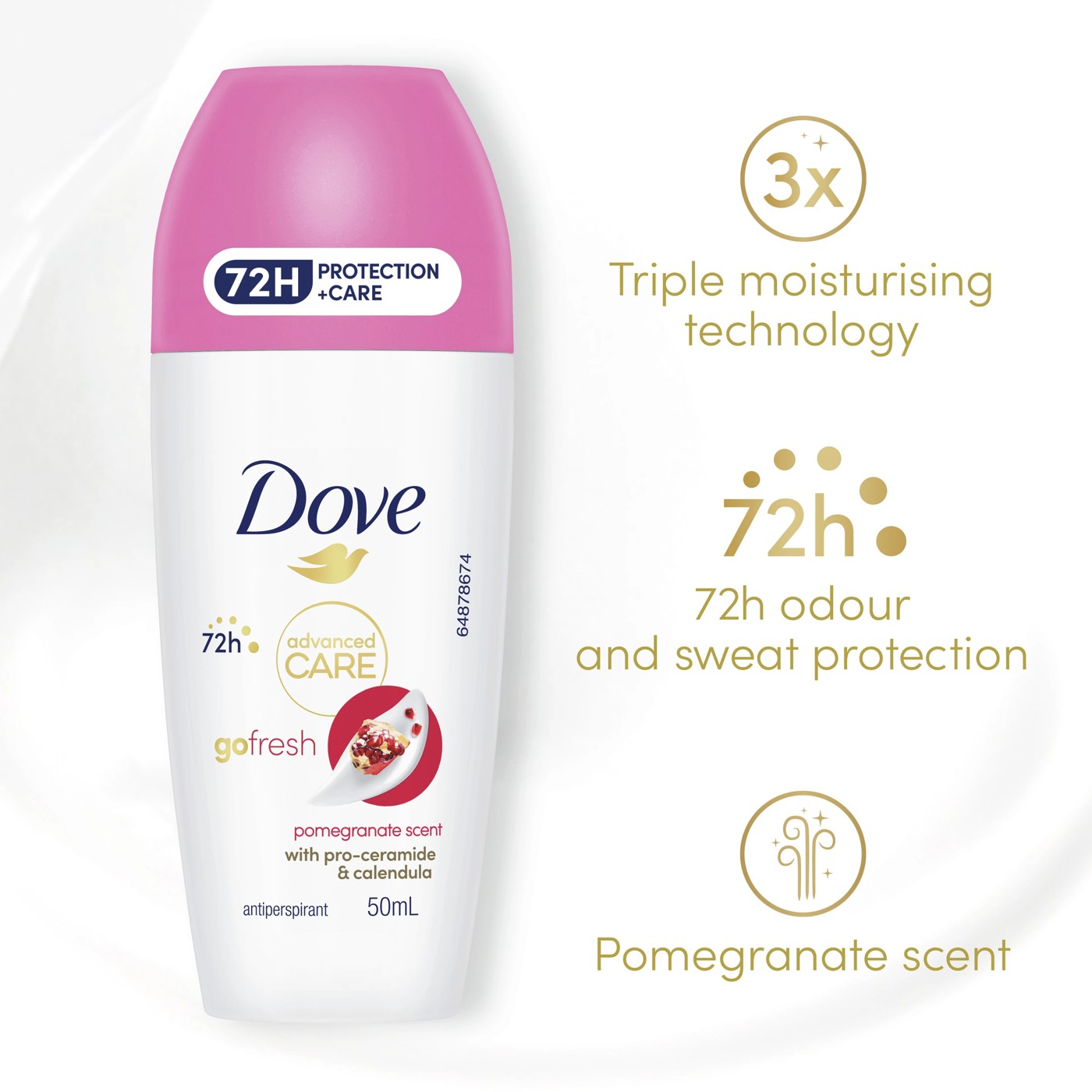 Dove Advanced Care Go Fresh Antiperspirant Deodorant Roll-On 50ml - Pro-Ceramide and Calendula, Pomegranate Scent 3 of 6