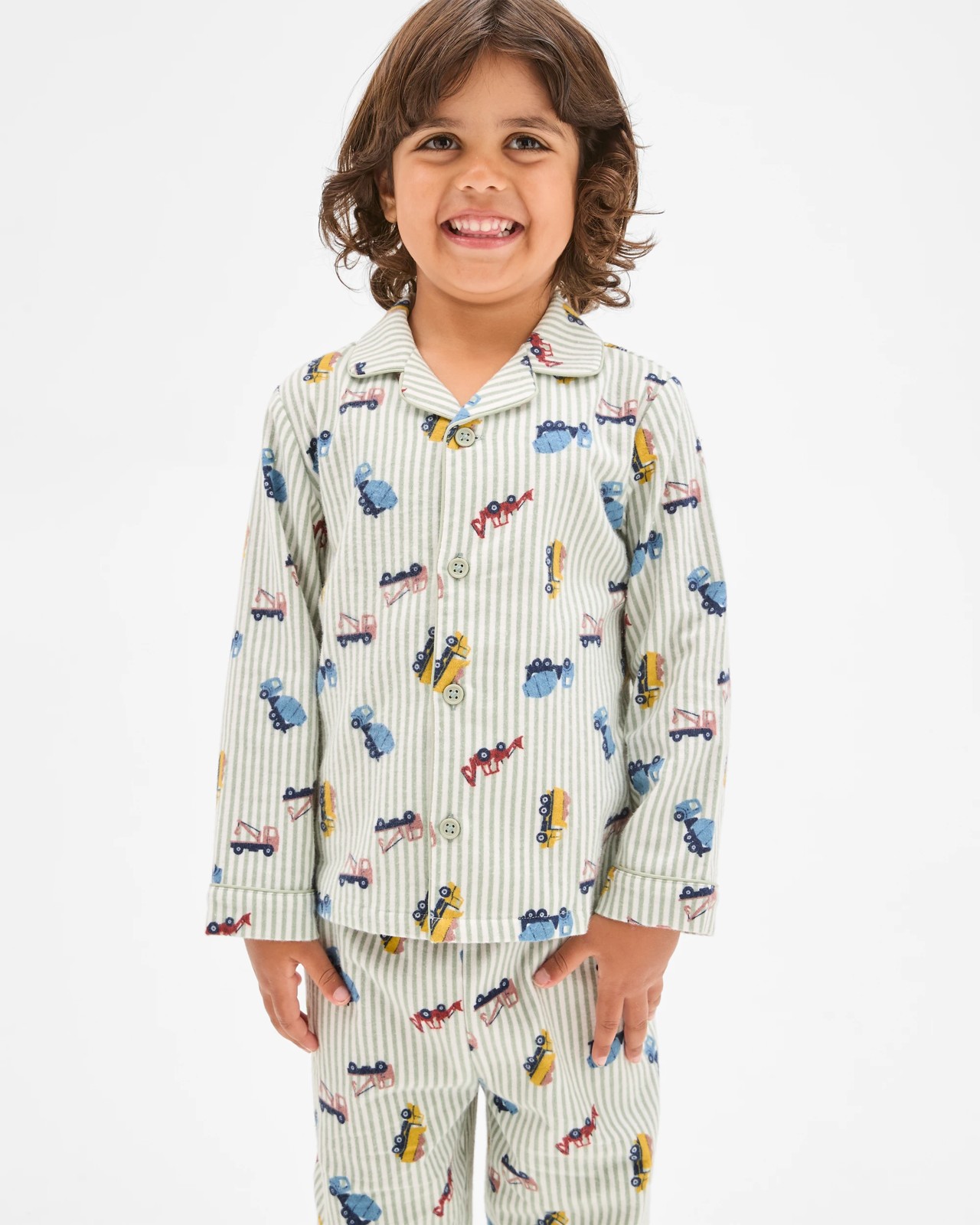 Younger Boys Australian Cotton Long Sleeve Top & Long Length Pants Flannel Pyjama Set - Construction Truck 2 of 5