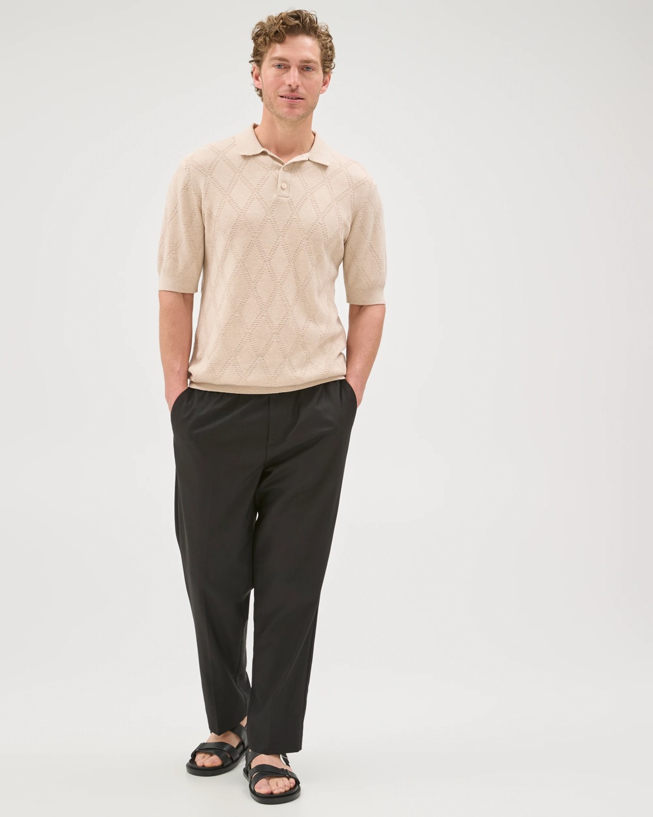 Preview Australian Cotton Jacquard Knit Polo Top - Moonbeam 2 of 5