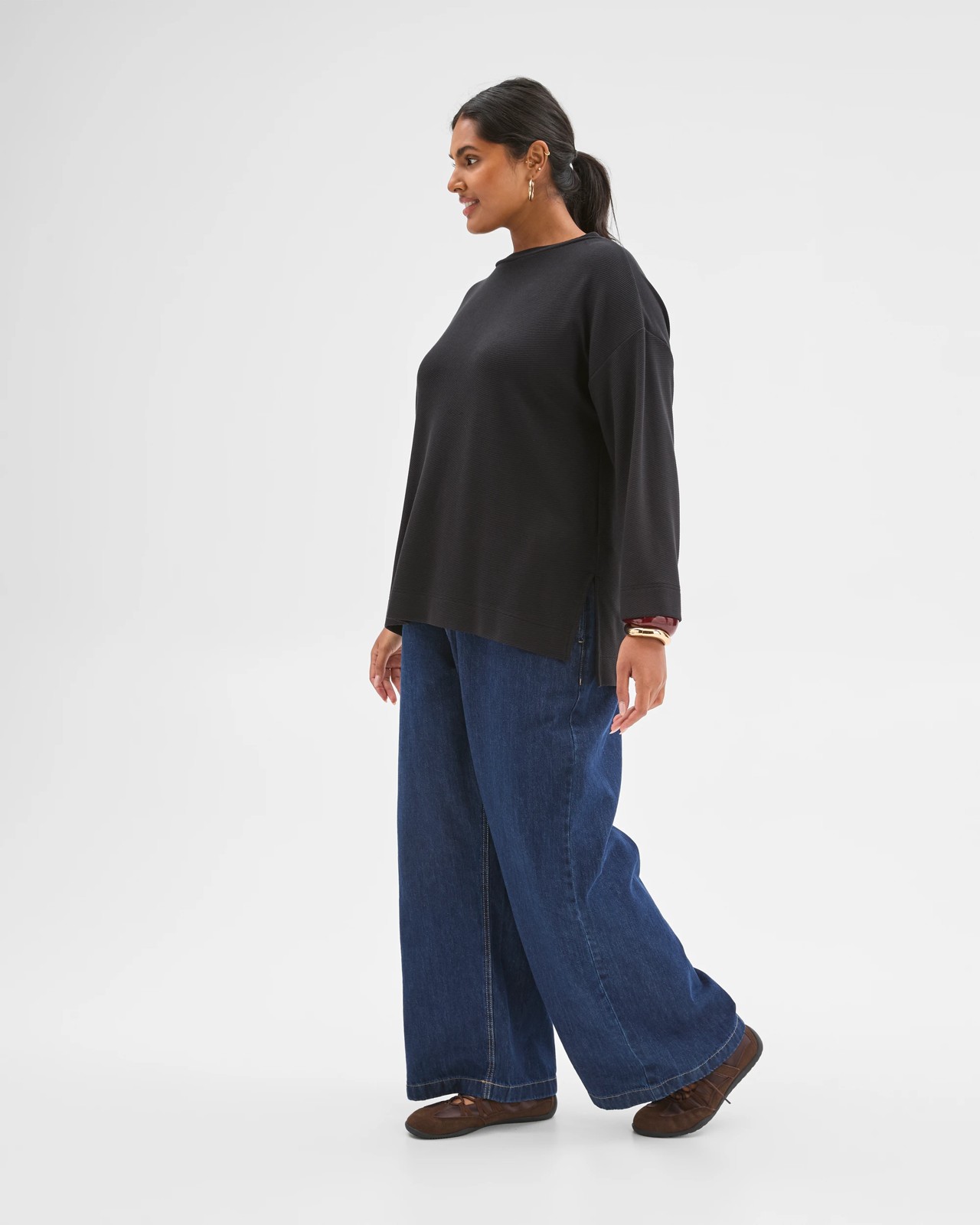 Plus Size Long Sleeve Ottoman Top - Black 3 of 6