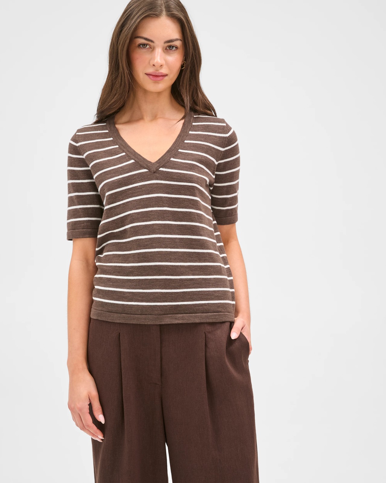 Petites Australian Cotton Blend V-Neck Knit T-Shirt - Coffee Bean Pale Oat 2 of 6