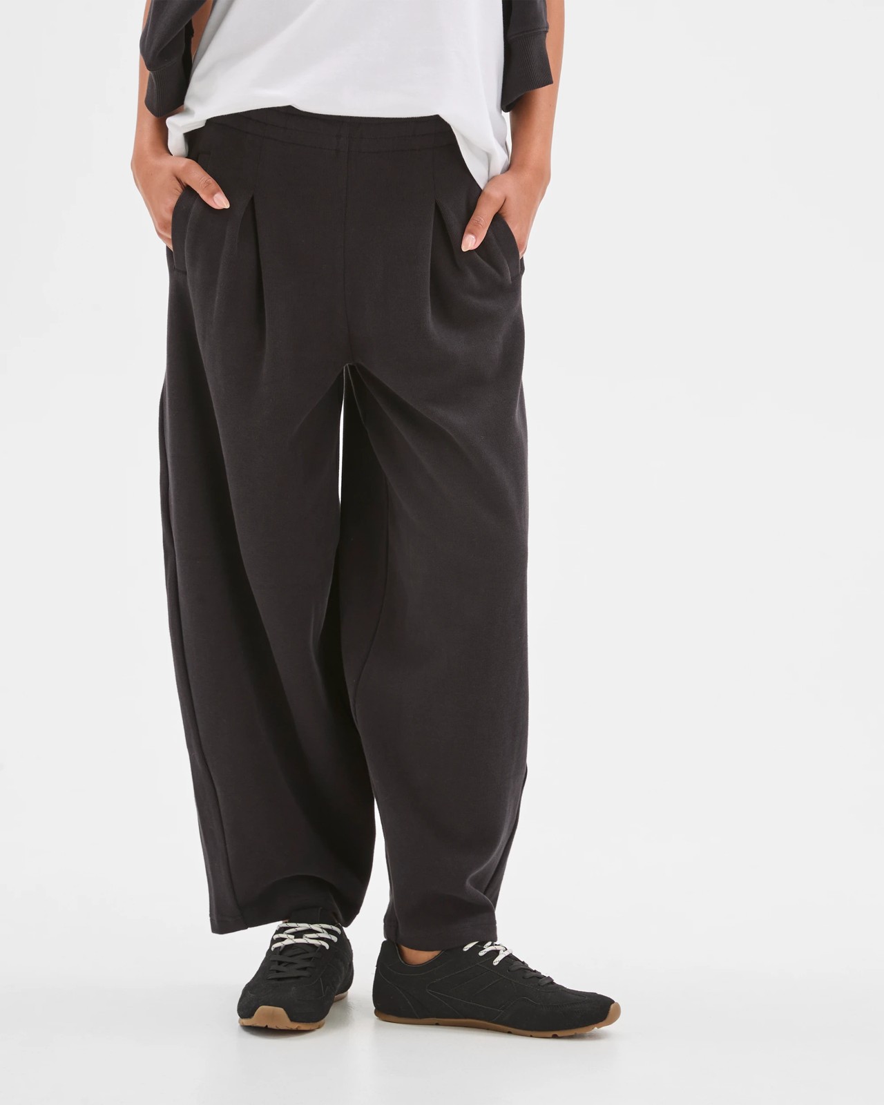 Active Australian Cotton Blend Sueded Rib Barrel Leg Pants - Black 4 of 5