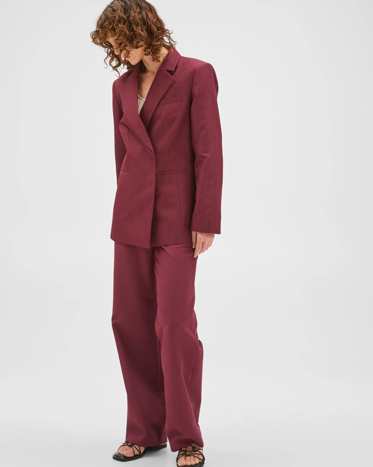 Preview Textured Tailored Cinch Waist Blazer - Sangria 2 of 5