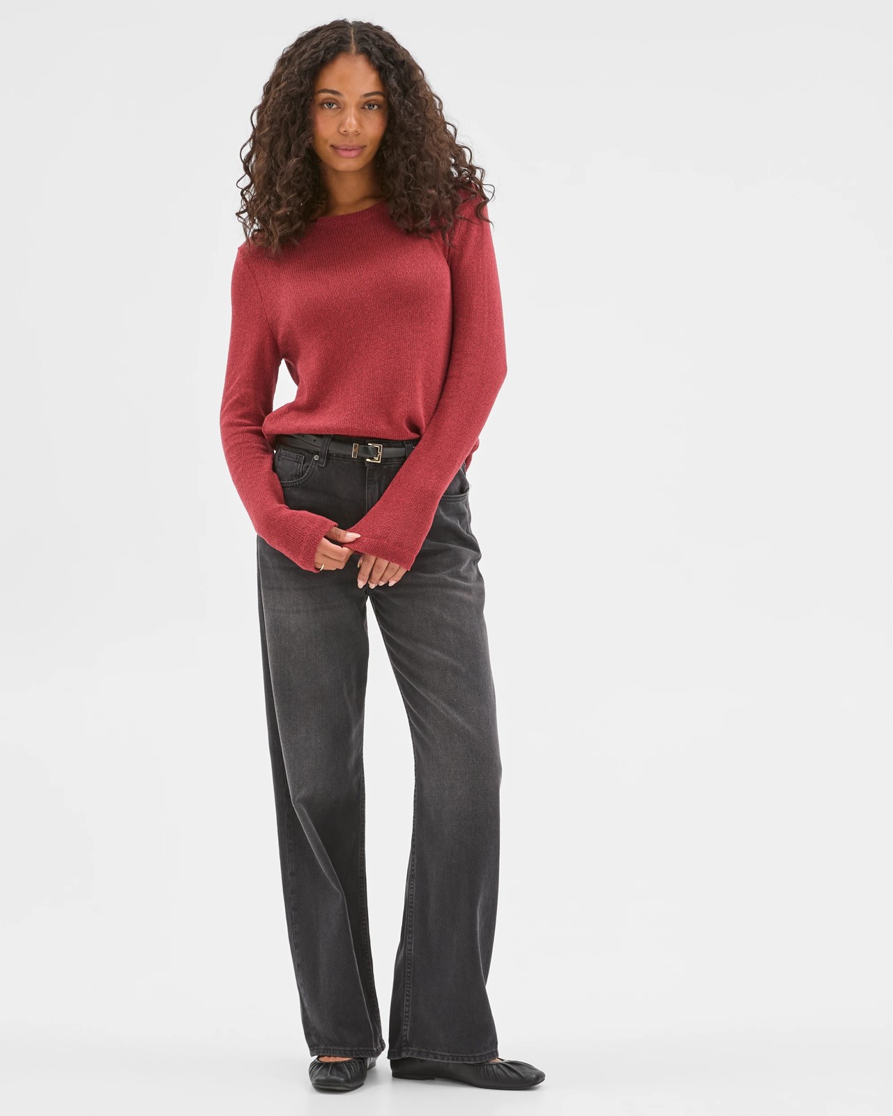 Australian Cotton Blend Long Sleeve Step Hem Textured Knit Top - Brick 3 of 5