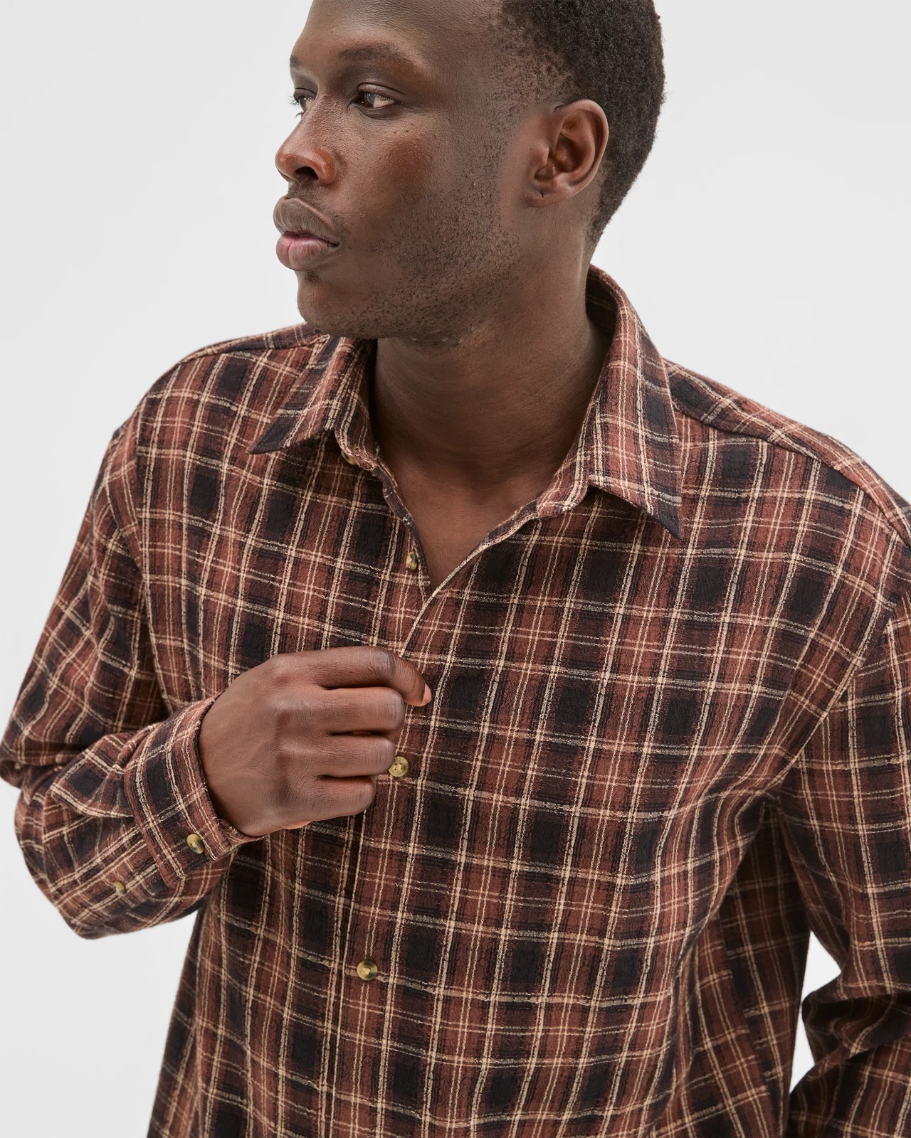 Commons Australian Cotton Boxy Fit Long Sleeve Textured Shirt - Tan Large Check 5 of 5