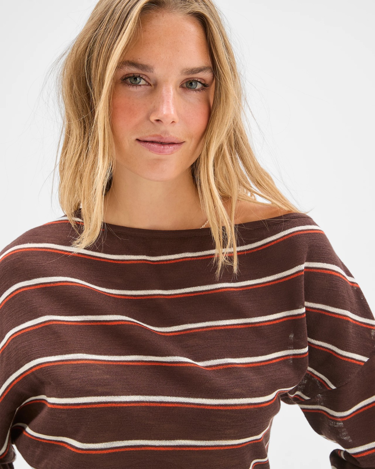 Lily Loves Slub Off Shoulder Knit Top - Brown Stripe 3 of 6