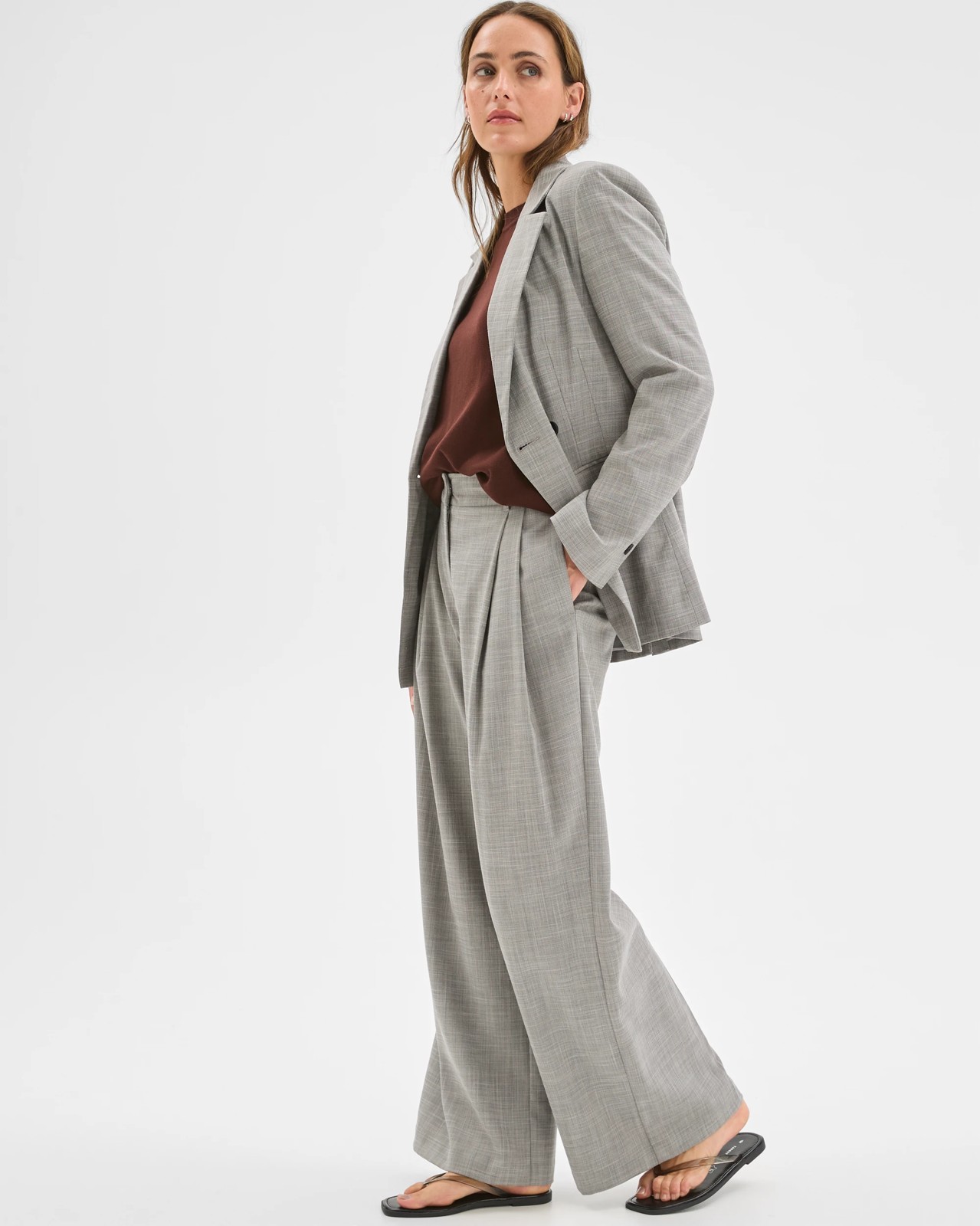Preview Double Pleat Wide Leg Pants - Grey Melange 4 of 6