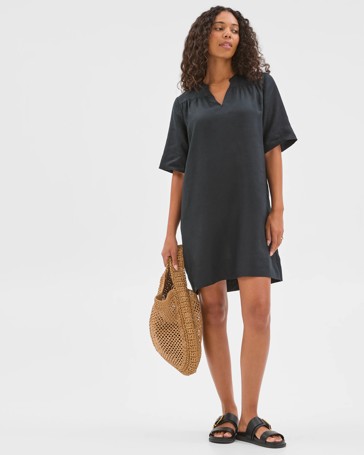 European Linen Short Sleeve V-Front Mini Dress