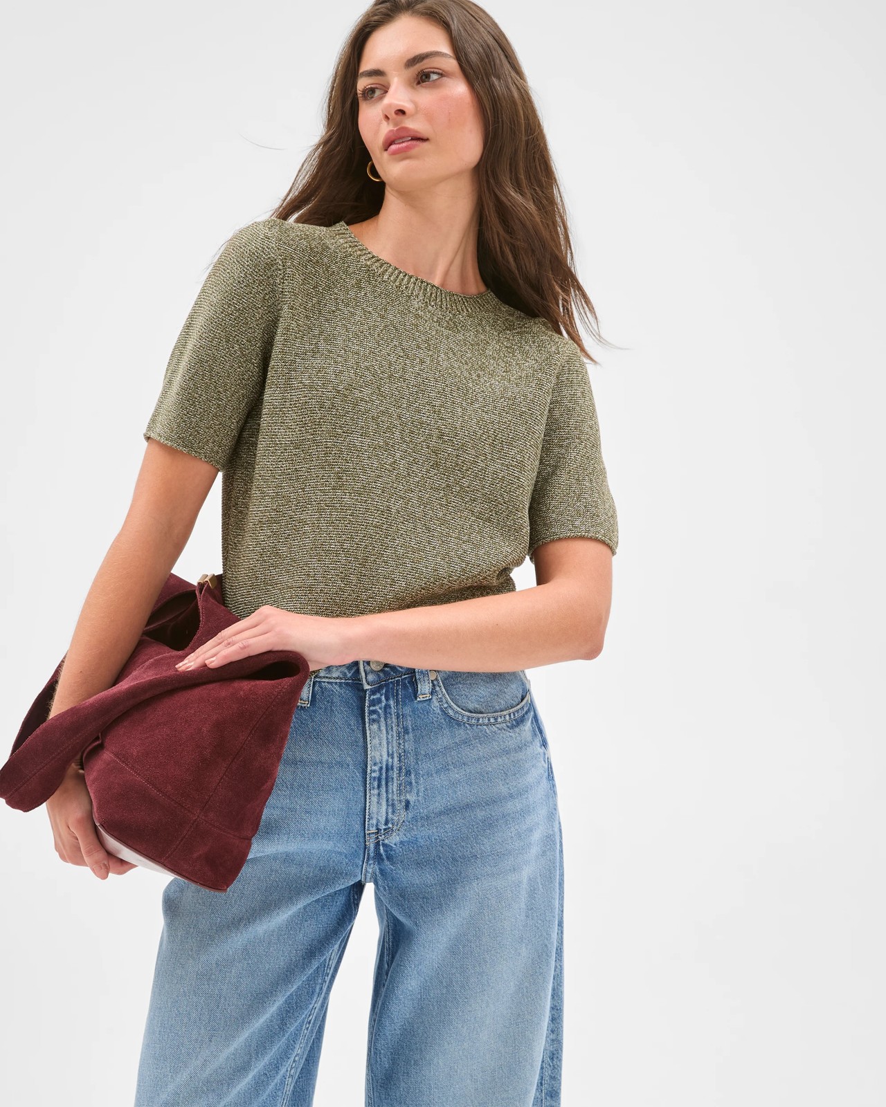Petites Australian Cotton Blend Ottoman Twist Knit Top - Dusty Moss/Pale Oat 2 of 6