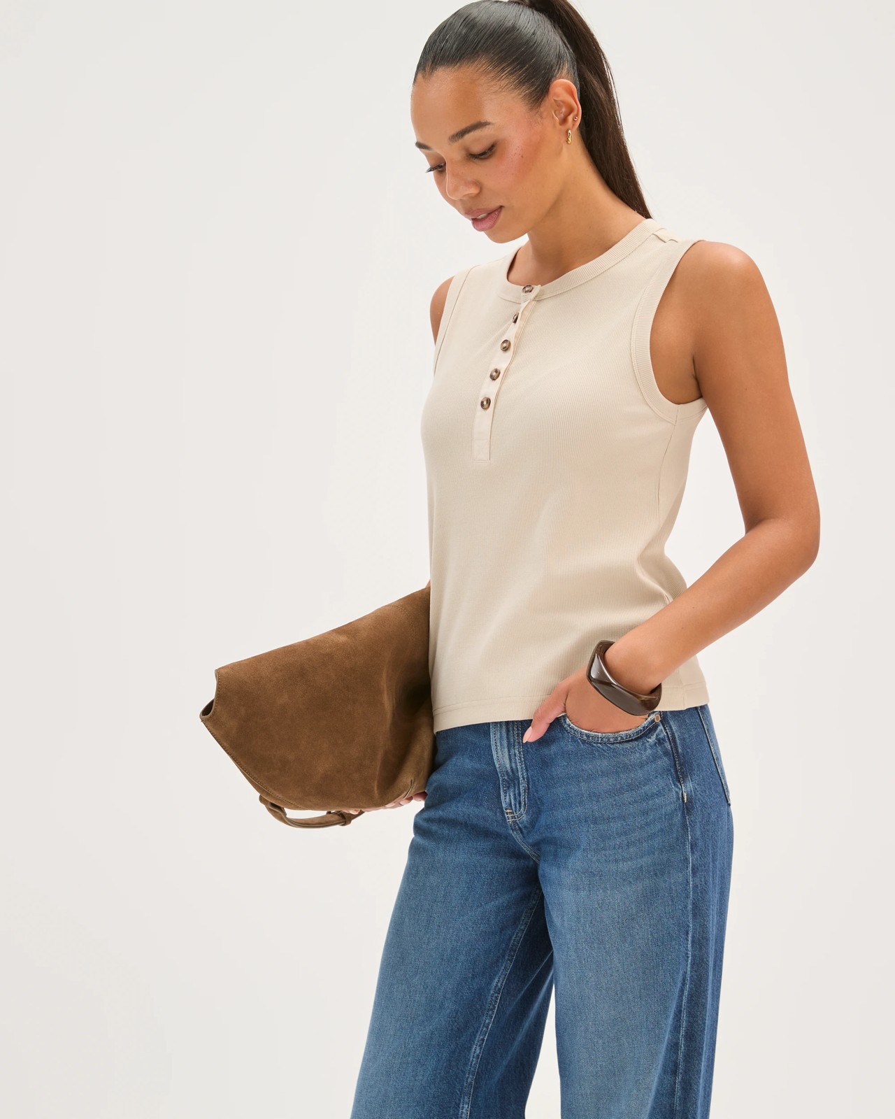 Australian Cotton Henley Neck Rib Tank Top - Pumice 3 of 6