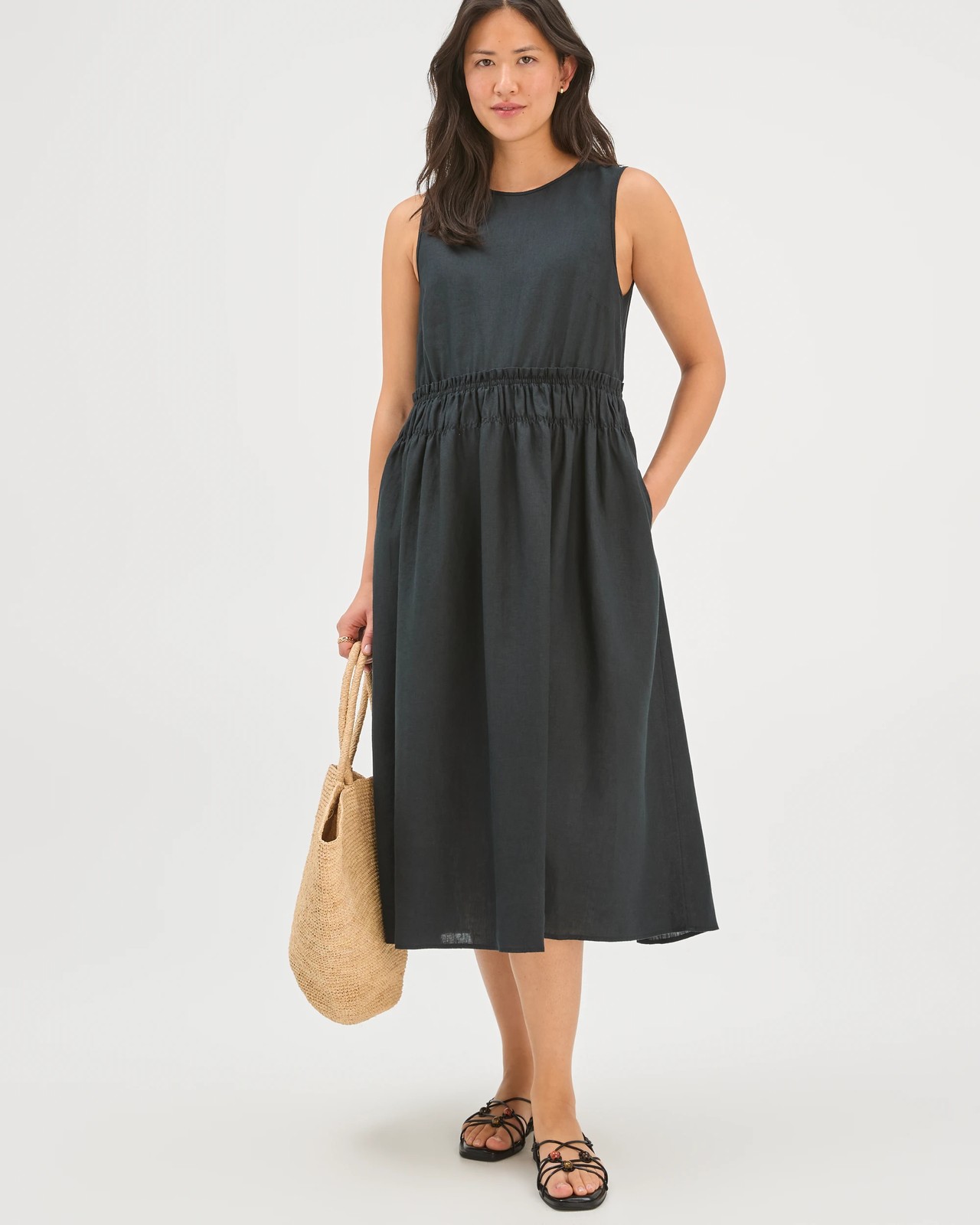 European Linen Sleeveless Waisted Midi Dress - Black 4 of 5