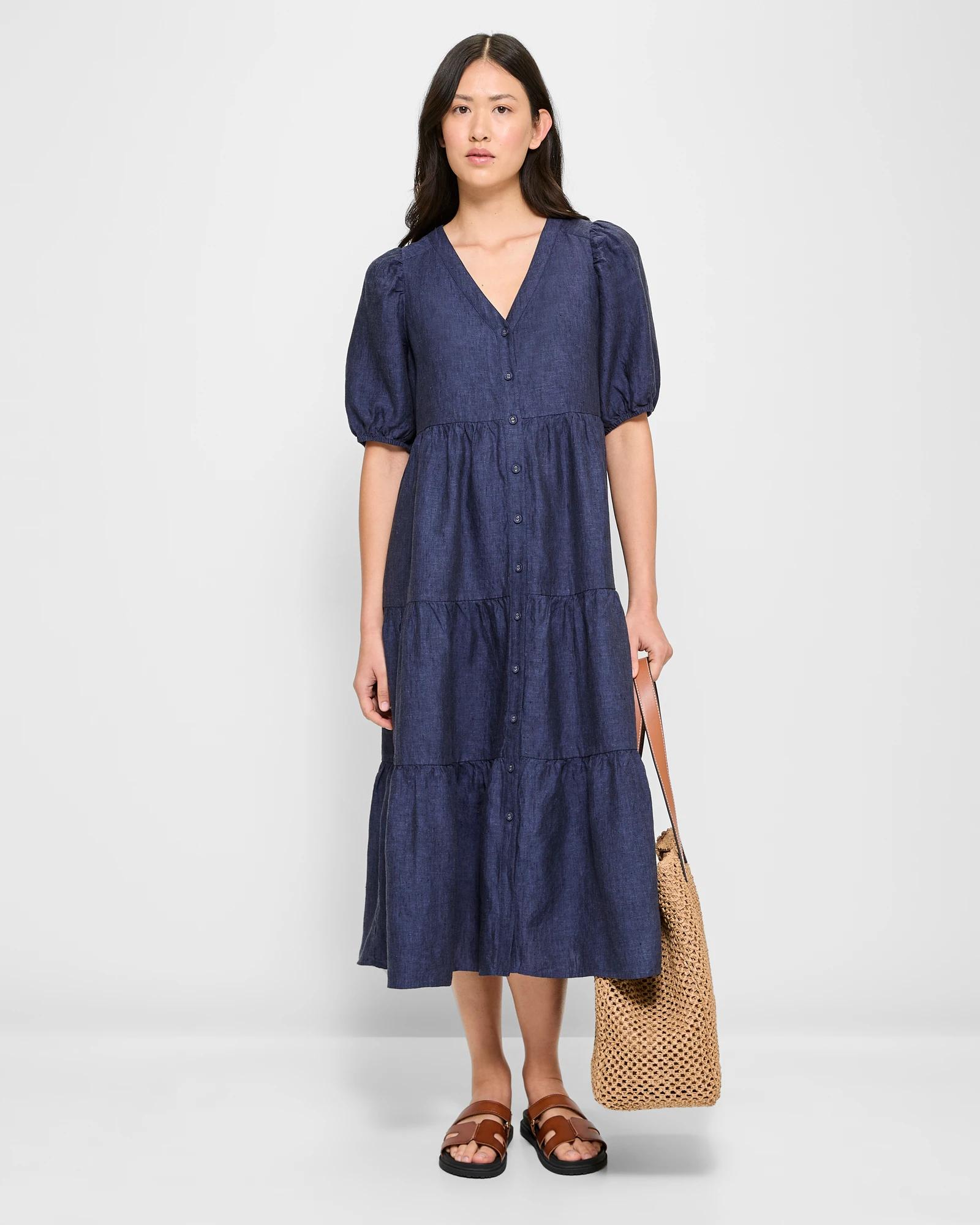 linen bohemian dresses Embroidered Floral Linen Midi Dress | Cute Dresses main image 1